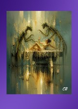 Mantis Alien Examination ACEO Print | UAP Abduction Folk Art | Gold Sci-Fi Art picture