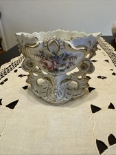 Vintage French Sevres Style Porcelain Mini Cachepot Jardiniere Hand Painted Gold picture