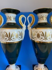 Andrea By Sadek Pair Of Tall Vase Green White Gold Swan Handles 14.5” H 7” Wide picture