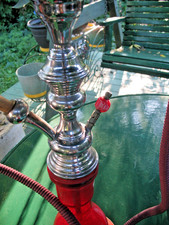 EGYPTIAN  HOOKAH WATER PIPE  24'' TALL CHROME ORNATE TURNED WOOD LUCITE SUPER picture